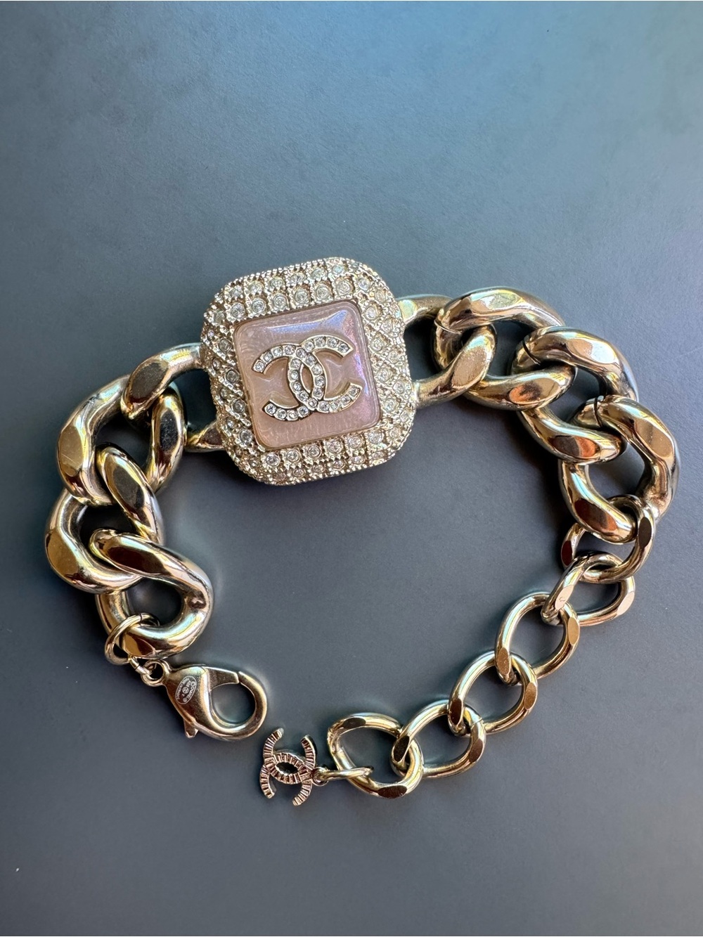 CHANEL Fall 2020 20K Gold Chain Bracelet with Pink and Crystal Logo New in Box